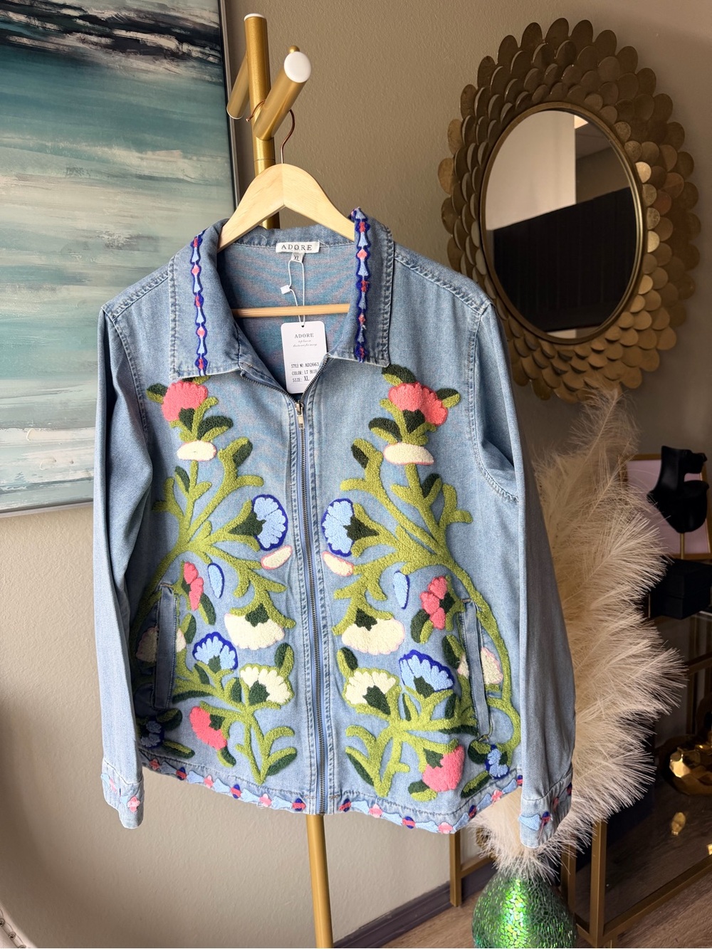 NWT Adore XL Embroidered Zip Front Denim Jacket Floral Statement Blue Boho - Picture 3 of 15